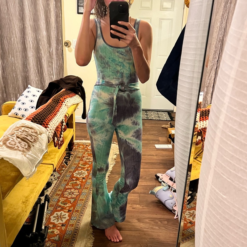 Tie-Dye Scoop Neck Jumpsuit with Self-Tie Waist - Green/Teal